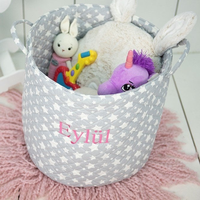 Gri Yıldız Desenli Yumuşak Oyuncak Sepet