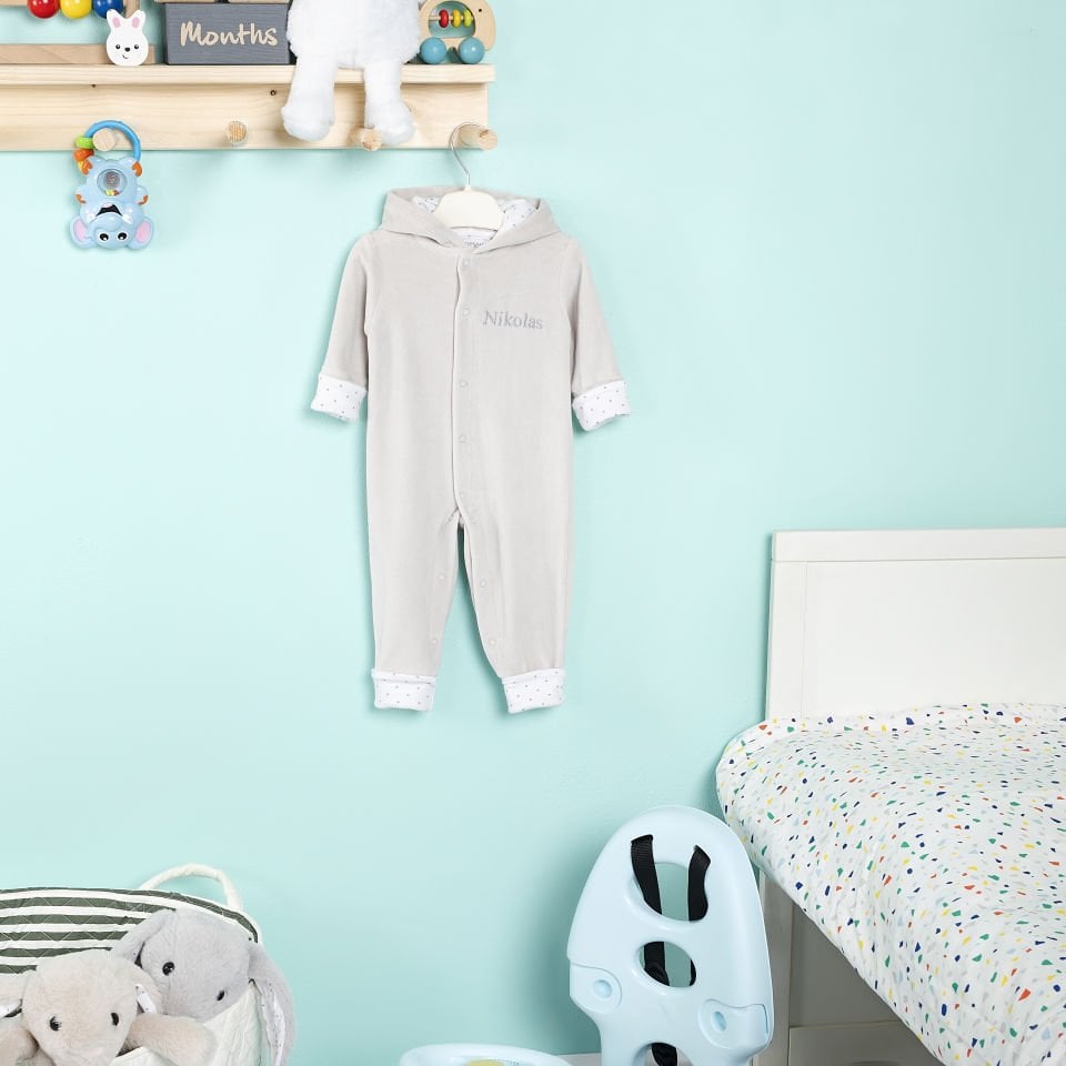 Gri Tavşan Kulaklı Kapüşonlu Patiksiz Kadife Tulum