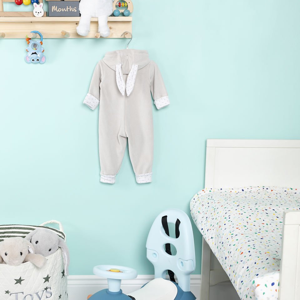 Gri Tavşan Kulaklı Kapüşonlu Patiksiz Kadife Tulum