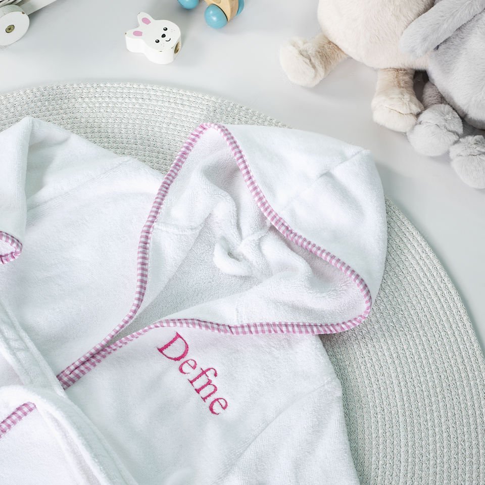 White Gingham Detail Terry Children's Bathrobe