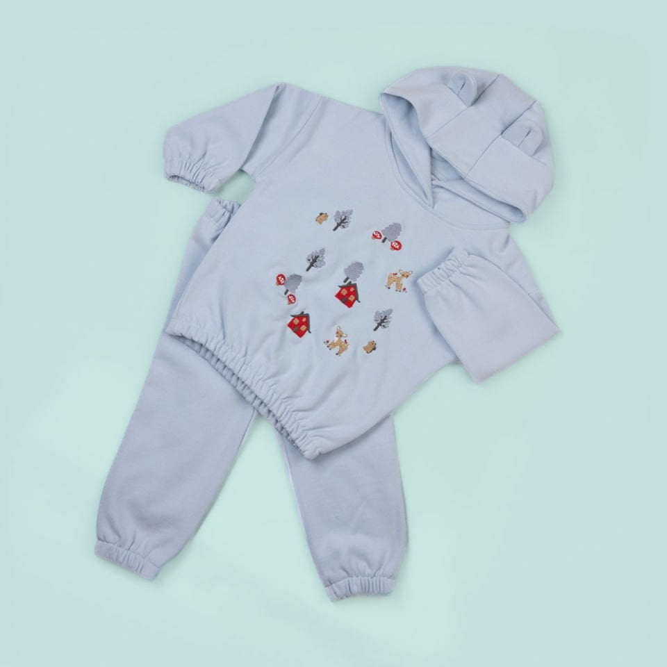 Mavi Sincap Nakışlı Kulak Detaylı Çocuk Sweat Takım