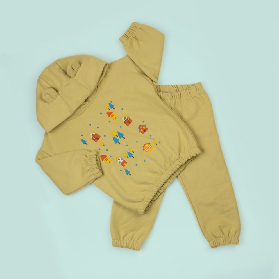 Yeşil Ev Nakışlı Kulak Detaylı Çocuk Sweat Takım