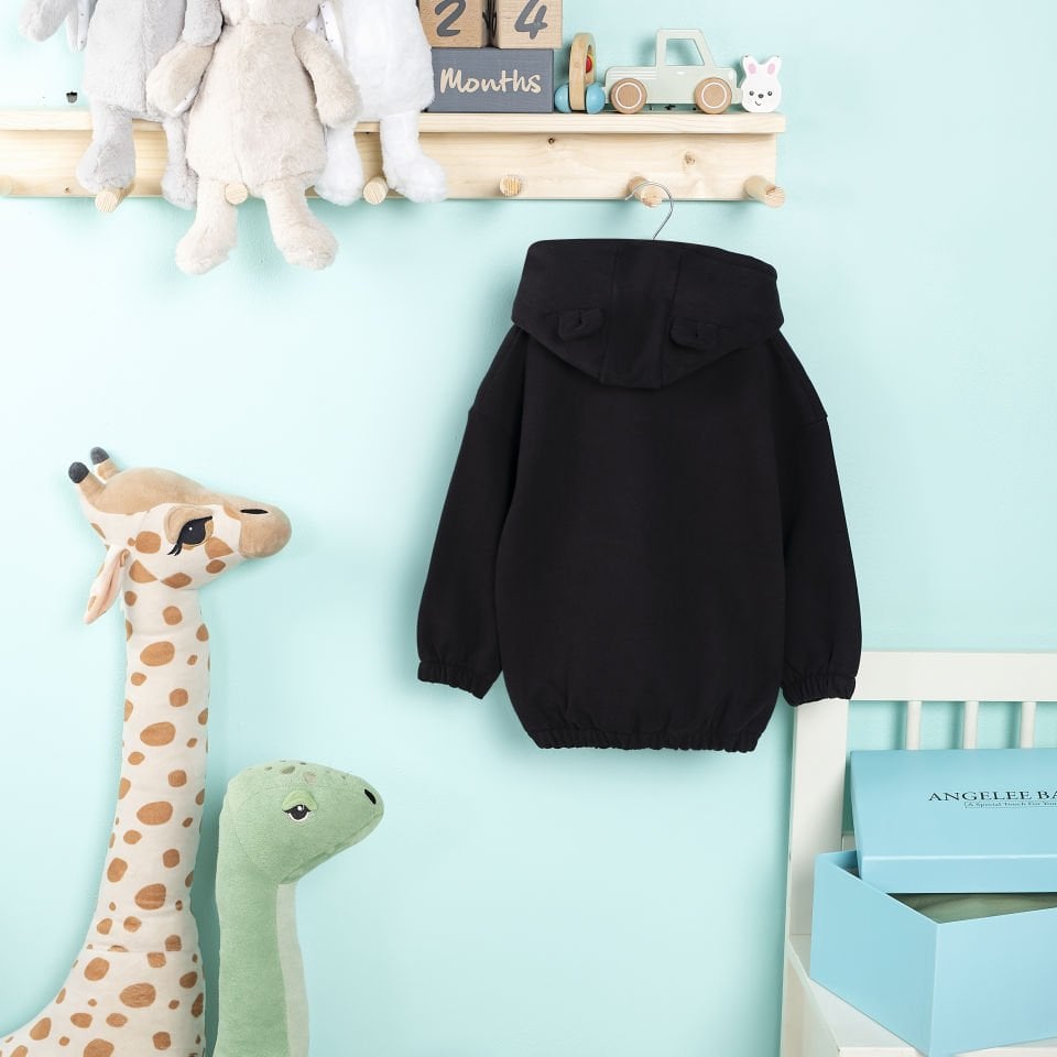 Siyah Yeni Yıl Nakışlı Kulak Detaylı Çocuk Sweat Takım