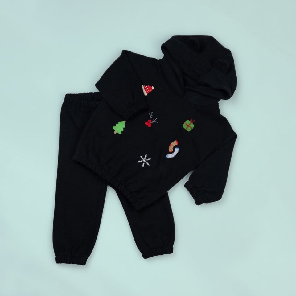 Siyah Yeni Yıl Nakışlı Kulak Detaylı Çocuk Sweat Takım