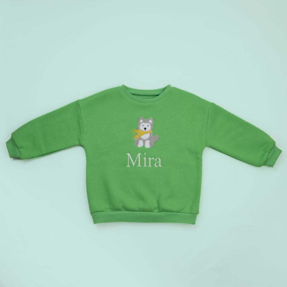 Yeşil Husky Nakışlı Çocuk Sweat